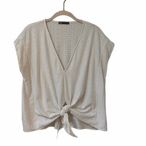 Zara Top V-Neck White Short Sleeve Tie Front